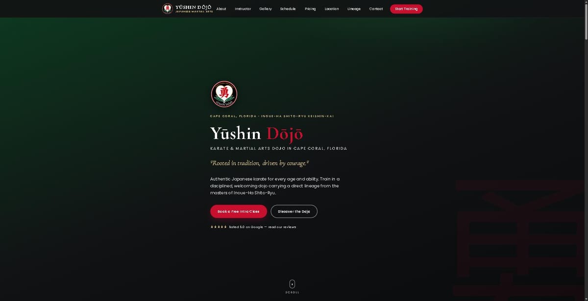 Home page of the Yushin Dojo website — a dark green hero with the dojo crest and the headline Karate and Martial Arts Dojo in Cape Coral, Florida